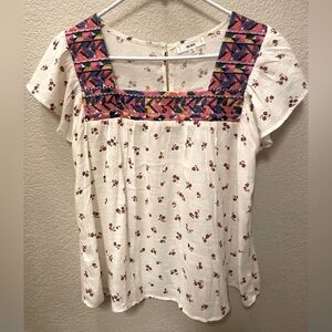 NWOT Mine  Burgundy Floral Multicolor Embroidered Square Neck Top